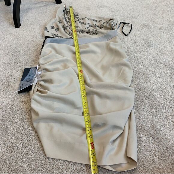 BEBE beige hand beaded one shoulder cutout ruched mini dress Sz M NWT 🔥 - Picture 8 of 11